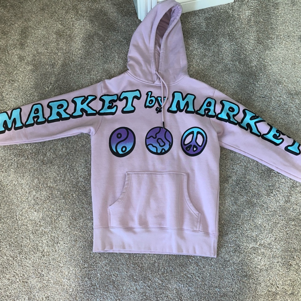 Chinatown "Market By Market" Hoodie Mens Small Purple Hooded Sweatshirt 2 Sides